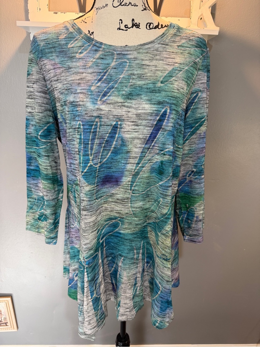 DAWN DAVIES TEAL & BLUE ABSTRACT PRINT SWING TUNIC SZ XL